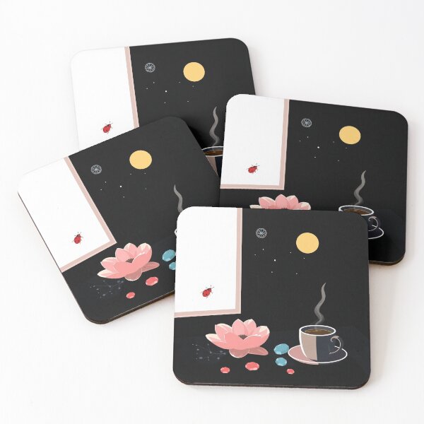 Item preview, Ladybug in a midnight scene with coffee mug and zen lotus designed and sold by meow4marrow.