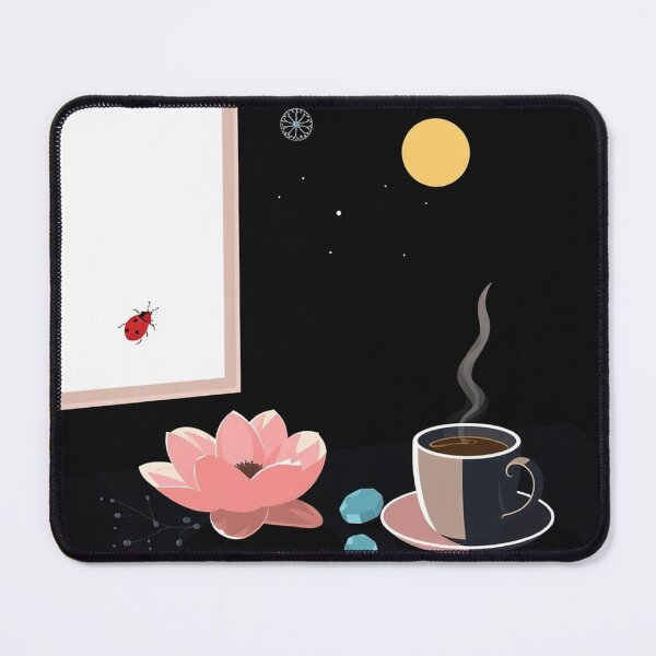 Item preview, Ladybug in a midnight scene with coffee mug and zen lotus designed and sold by meow4marrow.