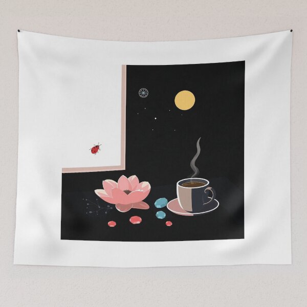Item preview, Ladybug in a midnight scene with coffee mug and zen lotus designed and sold by meow4marrow.