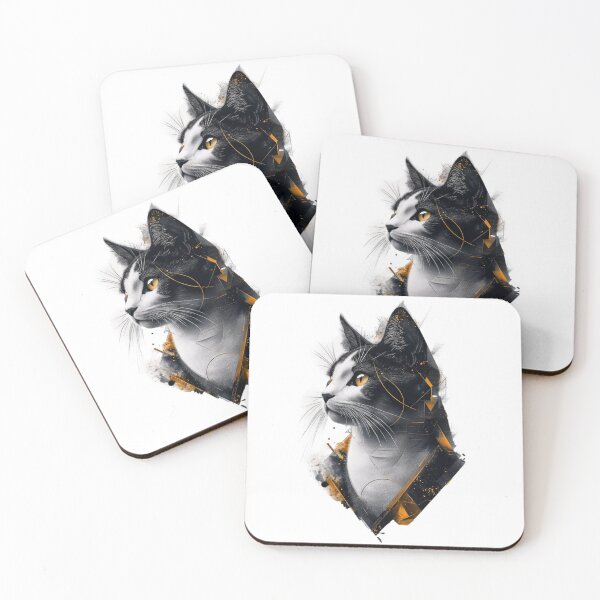 Item preview, A sleek, modern graphic design of a cat composed entirely of geometric shapes like triangles, circles, and squares, sharp edges, minimal color palette of black, white, and gold designed and sold by TJprint.
