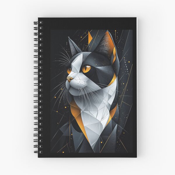 Item preview, A sleek, modern graphic design of a cat composed entirely of geometric shapes like triangles, circles, and squares, sharp edges, minimal color palette of black, white, and gold designed and sold by TJprint.