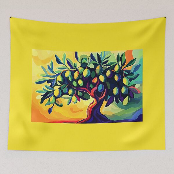 Item preview, Vibrant Mediterranean Olive Tree with Multicolored Leaves and Fruit Lively and Dynamic Composition designed and sold by OlfactoART Studio.