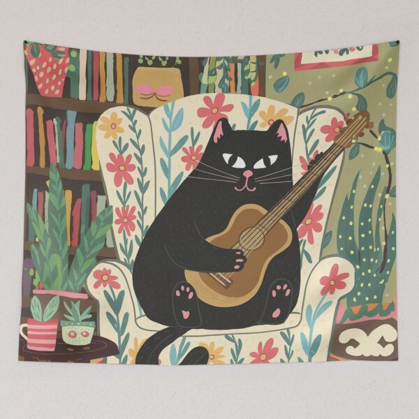 Item preview, Listen to the master of guitar chords! A cute, black is chilling in an armchair while playing the guitar. designed and sold by SaraSumi.
