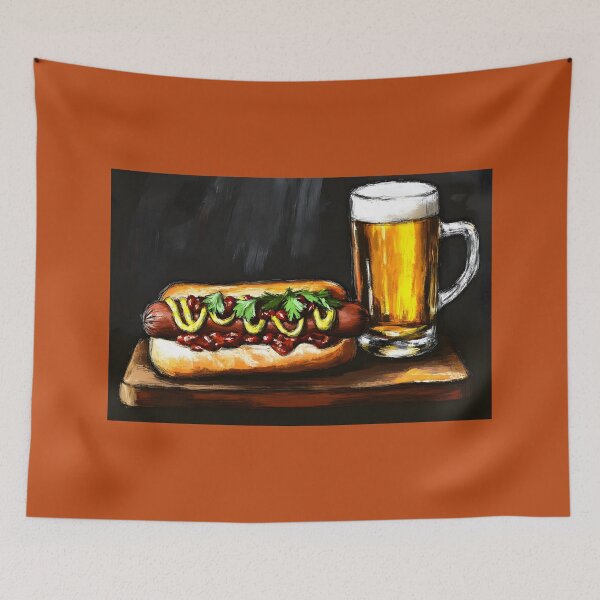 Item preview, Delicious Hot Dog with Mustard and Ketchup Fresh Herbs and Frothy Beer - Pub Food Delight Digital AI Art designed and sold by OlfactoART Studio.