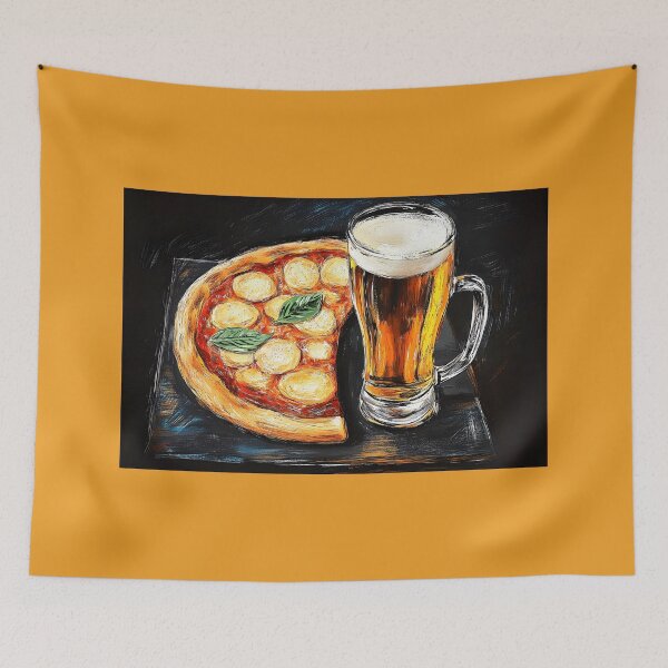 Item preview, Pizza Slice with Fresh Basil and Frothy Beer Vibrant Colors and Delicious Contrast designed and sold by OlfactoART Studio.