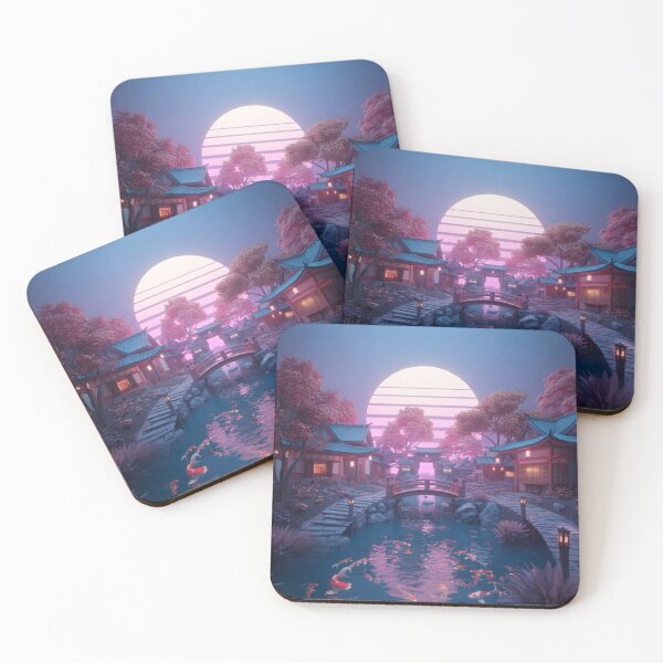 Item preview, Neon Twilight Village - Tranquil Koi Pond & Cherry Blossoms designed and sold by buglevel.
