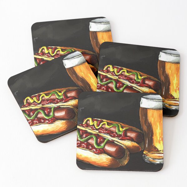 Item preview, Tasty Hot Dogs with Ketchup and Mustard and Frothy Beer Pub Food Delight AI Generated Digital Art designed and sold by OlfactoART Studio.