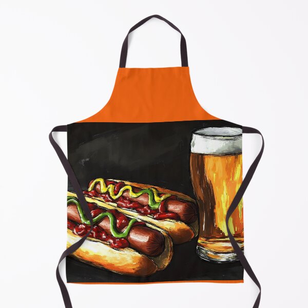 Item preview, Tasty Hot Dogs with Ketchup and Mustard and Frothy Beer Pub Food Delight AI Generated Digital Art designed and sold by OlfactoART Studio.