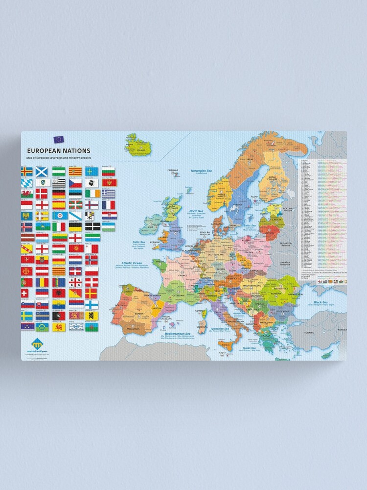 Aperçu 1 sur 3. Impression sur toile avec l'œuvre Carte des nations d'Europe (multilingue) créée et vendue par Multinatio.