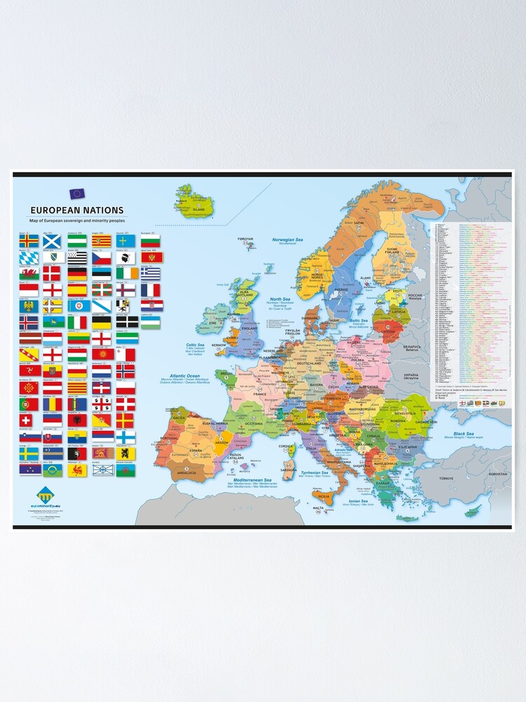 Aperçu 1 sur 3. Poster avec l'œuvre Carte des nations d'Europe (multilingue) créée et vendue par Multinatio.