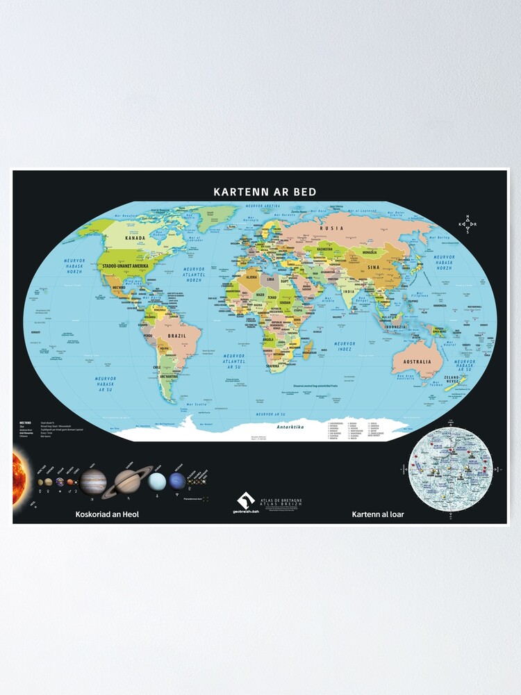 Aperçu 1 sur 3. Poster avec l'œuvre Carte du monde en breton créée et vendue par Multinatio.