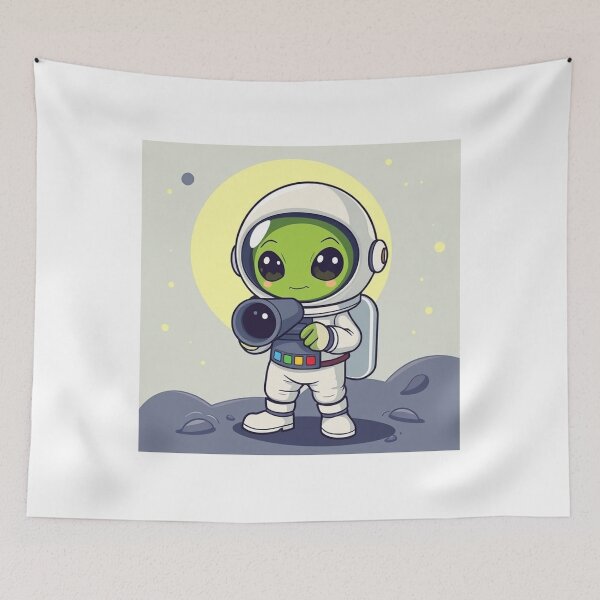 Item preview, Cute Astronaut Observing Alien with Telescope Vector Illustration designed and sold by hjian8219.