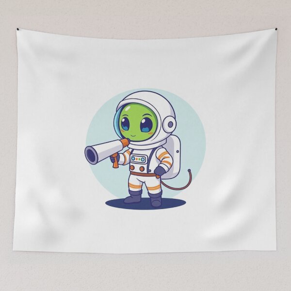 Item preview, Cute Astronaut Observing Alien with Telescope Vector Illustration designed and sold by hjian8219.