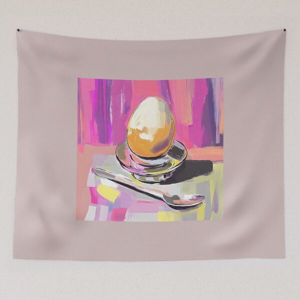 Item preview, Boiled Egg in Shiny Egg Cup with Spoon and Vibrant Multicolored Background Modern Still Life designed and sold by OlfactoART Studio.