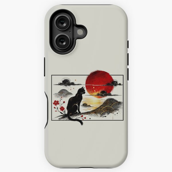 Item preview, Japanese Black Cat and Red Sun - Minimalist Ink Art designed and sold by Thunderbelts.