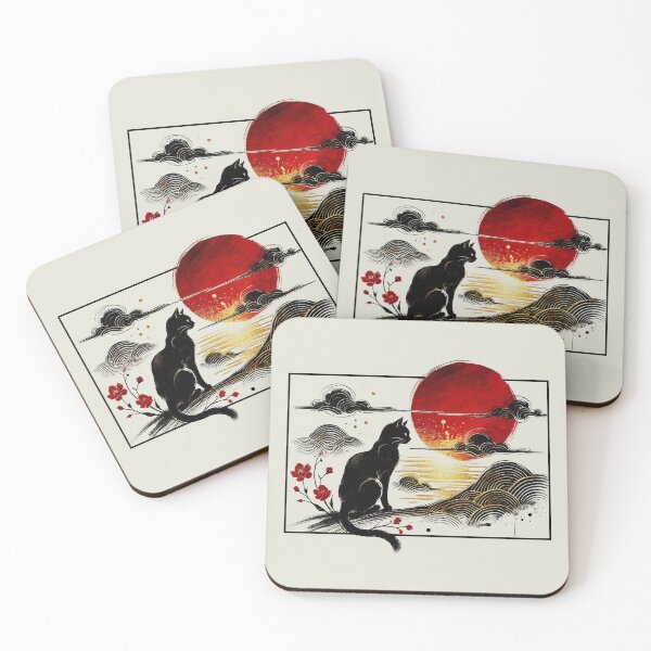 Item preview, Japanese Black Cat and Red Sun - Minimalist Ink Art designed and sold by Thunderbelts.