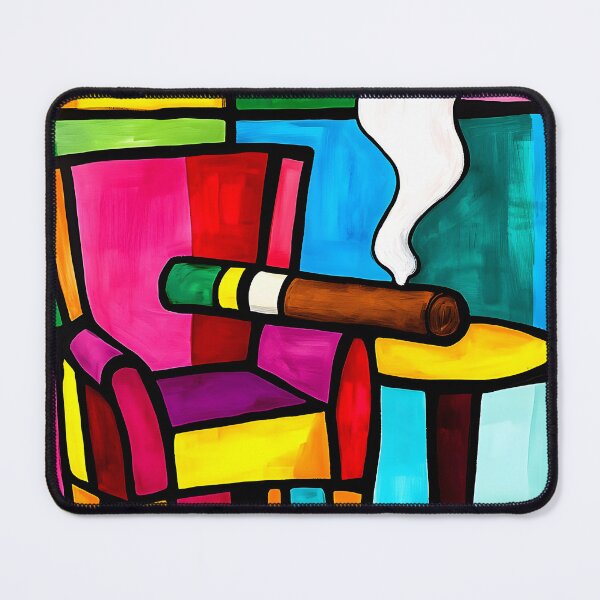 Item preview, Vibrant Chair and Smoking Cigar with Abstract Geometric Background Bold Color Contrast designed and sold by OlfactoART Studio.