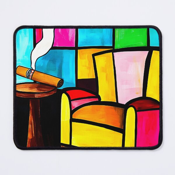 Item preview, Brightly Colored Chair and Smoking Cigar on Round Table with Vibrant Mosaic Background designed and sold by OlfactoART Studio.
