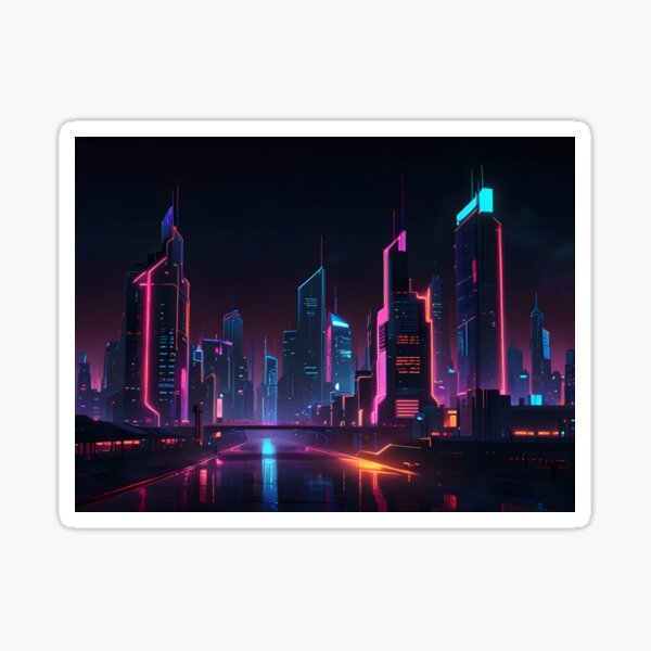 Artikel-Vorschau von Eine Stadtlandschaft bei Nacht mit Neonlichtern, retro-futuristischem Stil und Cyberpunk-Farbtönen, designt und verkauft von johndesignwaves.