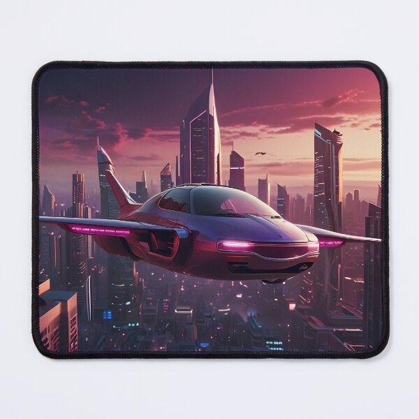 Item preview, A flying car hovering above a futuristic city, retro style, purple and pink tones designed and sold by johndesignwaves.