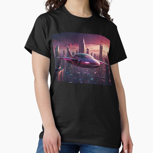 Artikel-Vorschau von Ein fliegendes Auto schwebt über einer futuristischen Stadt, Retro-Stil, Lila- und Rosatöne, designt und verkauft von johndesignwaves.