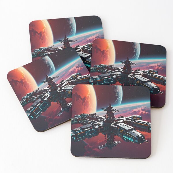 Item preview, A space station orbiting Earth, 80s retro-futuristic aesthetic, vibrant colors. designed and sold by johndesignwaves.