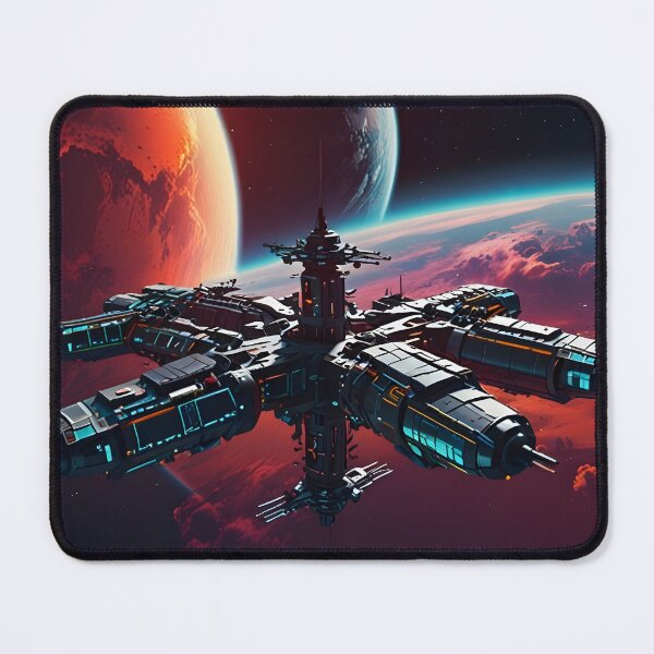 Item preview, A space station orbiting Earth, 80s retro-futuristic aesthetic, vibrant colors. designed and sold by johndesignwaves.