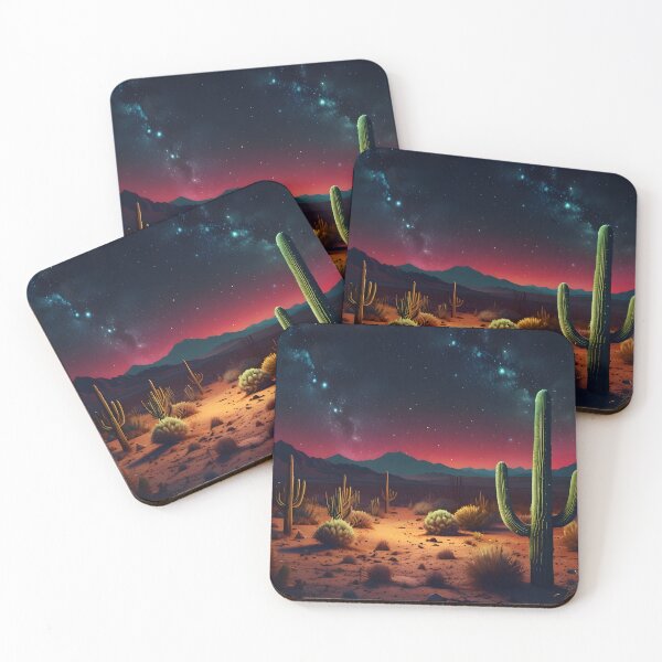 Item preview, A neon desert with glowing cacti under a starry sky, retro surrealism designed and sold by johndesignwaves.