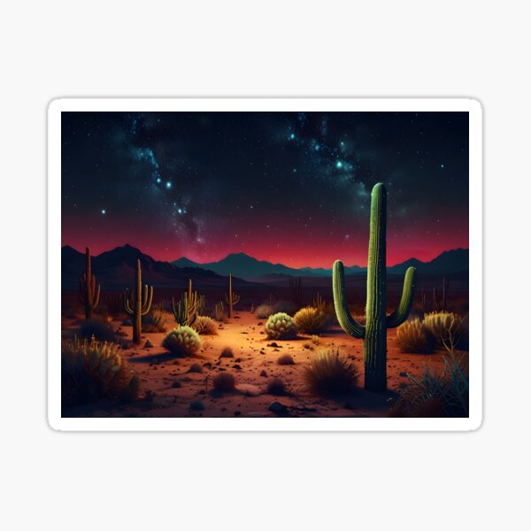 Artikel-Vorschau von Eine Neonwüste mit leuchtenden Kakteen unter einem Sternenhimmel, Retro-Surrealismus, designt und verkauft von johndesignwaves.