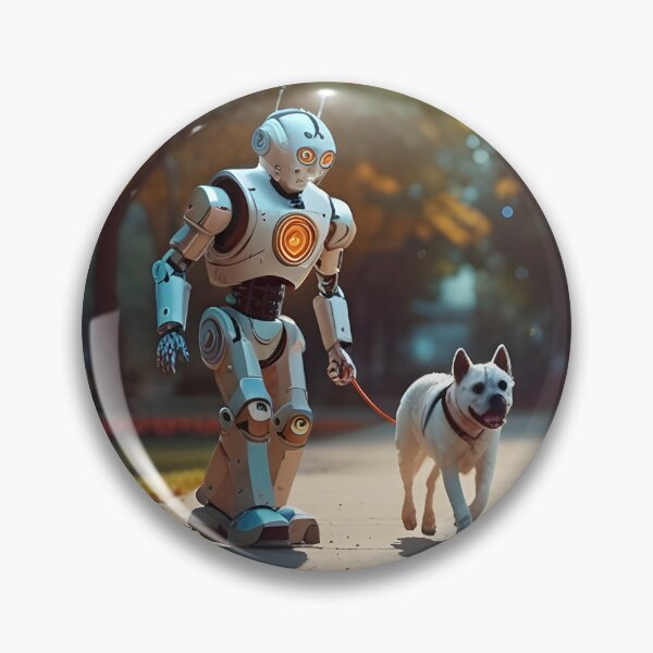Item preview, A robot walking a dog in a futuristic park, colorful retro design designed and sold by johndesignwaves.