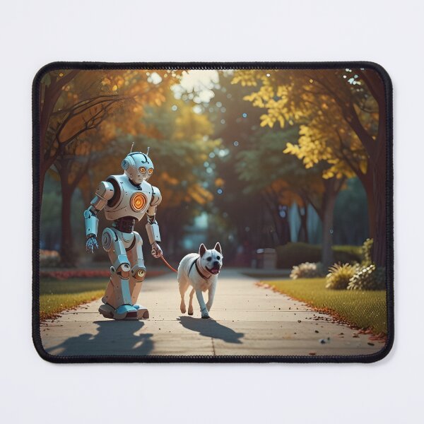 Item preview, A robot walking a dog in a futuristic park, colorful retro design designed and sold by johndesignwaves.