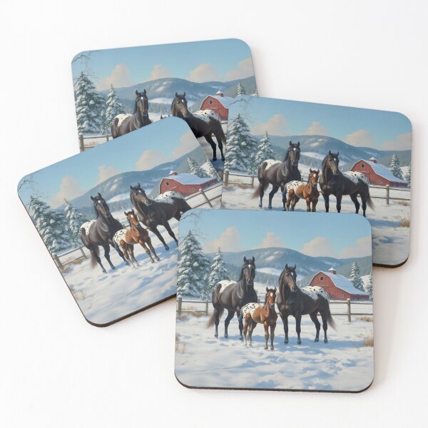 Item preview, Black Appaloosa Horses on a Farm in Winter designed and sold by csforest.