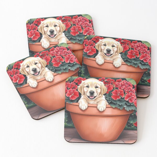Item preview, Adorable Puffy Golden Retriever in Red Flower Pot  designed and sold by RoadMail.