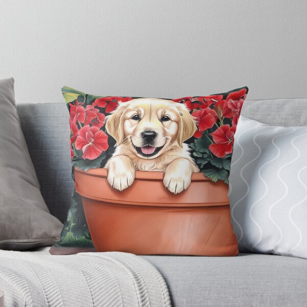 Item preview, Adorable Puffy Golden Retriever in Red Flower Pot  designed and sold by RoadMail.