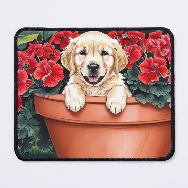 Item preview, Adorable Puffy Golden Retriever in Red Flower Pot designed and sold by RoadMail.