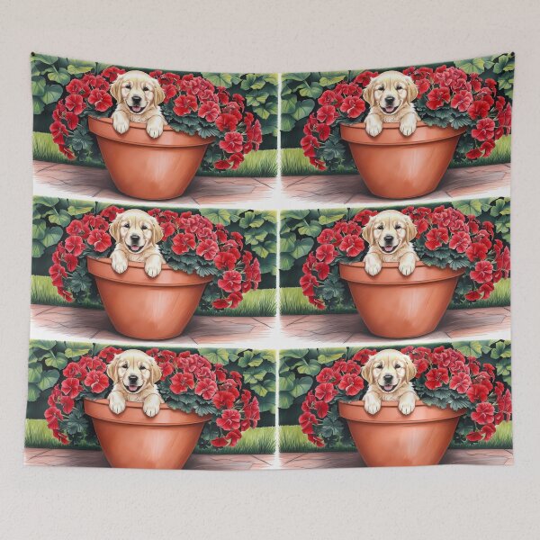 Item preview, Adorable Puffy Golden Retriever in Red Flower Pot  designed and sold by RoadMail.