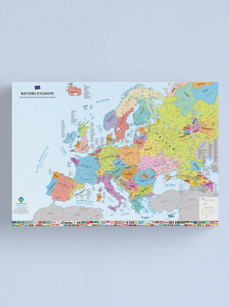 Aperçu 2 sur 3. Impression sur toile avec l'œuvre "Nations d'Europe" : Carte des nations historiques d'Europe (en français) créée et vendue par Multinatio.