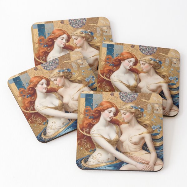 Item preview, Beautiful painting of two  Art Nouveau Renaissance Impressionistic women together after Gustav Klimt designed and sold by Vintage Designs +.