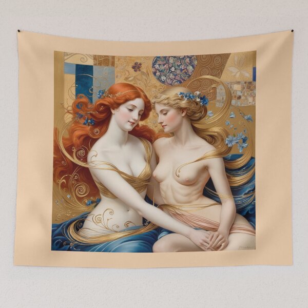 Item preview, Beautiful painting of two  Art Nouveau Renaissance Impressionistic women together after Gustav Klimt designed and sold by Vintage Designs +.