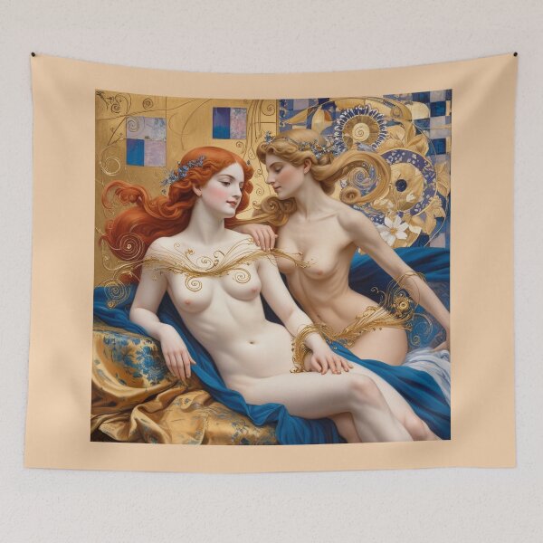Item preview, Beautiful painting of two  Art Nouveau Renaissance Impressionistic women together after Gustav Klimt designed and sold by Vintage Designs +.