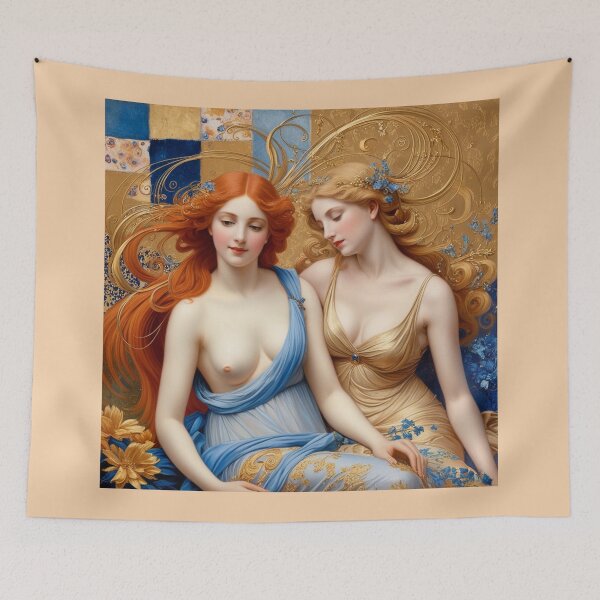 Item preview,  Beautiful painting of two  Art Nouveau Renaissance Impressionistic women together after Gustav Klimt designed and sold by Vintage Designs +.
