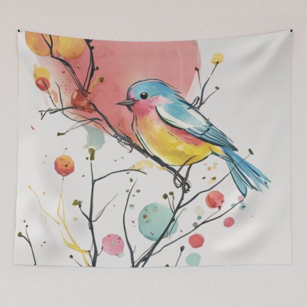 Item preview, A vibrant and whimsical illustration of a bird perched on a branch designed and sold by 123ks.