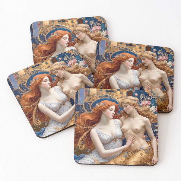 Item preview,  Beautiful painting of two  Art Nouveau Renaissance Impressionistic women together after Gustav Klimt designed and sold by Vintage Designs +.