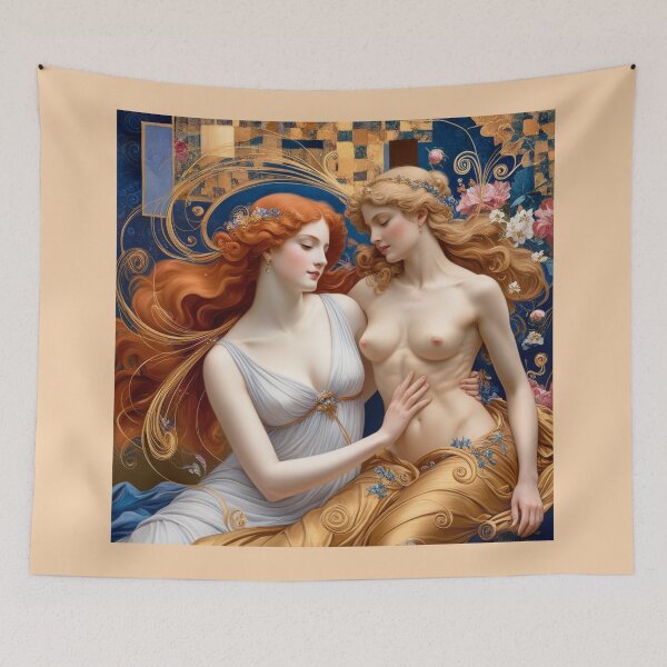 Item preview,  Beautiful painting of two  Art Nouveau Renaissance Impressionistic women together after Gustav Klimt designed and sold by Vintage Designs +.