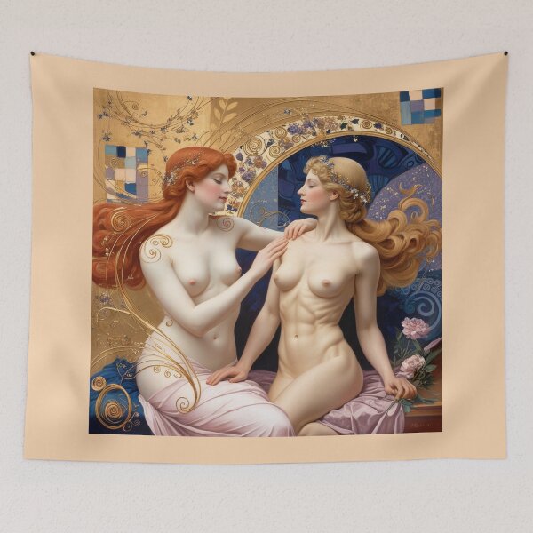 Item preview, Beautiful painting of two  Art Nouveau Renaissance Impressionistic women together after Gustav Klimt designed and sold by Vintage Designs +.