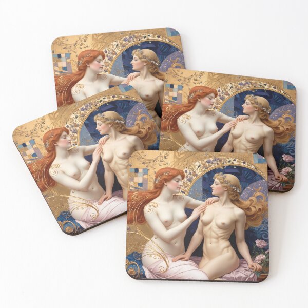 Item preview, Beautiful painting of two  Art Nouveau Renaissance Impressionistic women together after Gustav Klimt designed and sold by Vintage Designs +.
