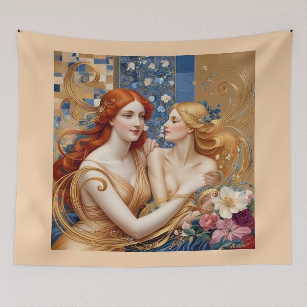 Item preview,  Beautiful painting of two  Art Nouveau Renaissance Impressionistic women together after Gustav Klimt designed and sold by Vintage Designs +.