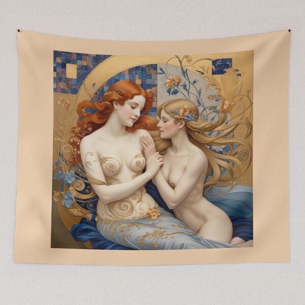 Item preview, Beautiful painting of two  Art Nouveau Renaissance Impressionistic women together after Gustav Klimt designed and sold by Vintage Designs +.