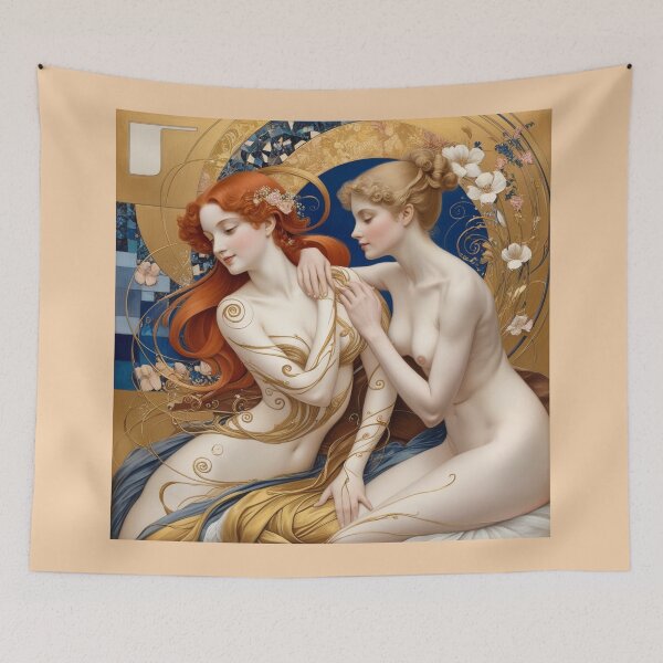 Item preview, Beautiful painting of two  Art Nouveau Renaissance Impressionistic women together after Gustav Klimt designed and sold by Vintage Designs +.