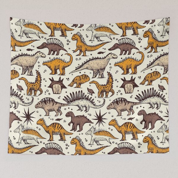 Item preview, Colorful dinosaurs on bright vintage-inspired patterns designed and sold by Piotrek0001.